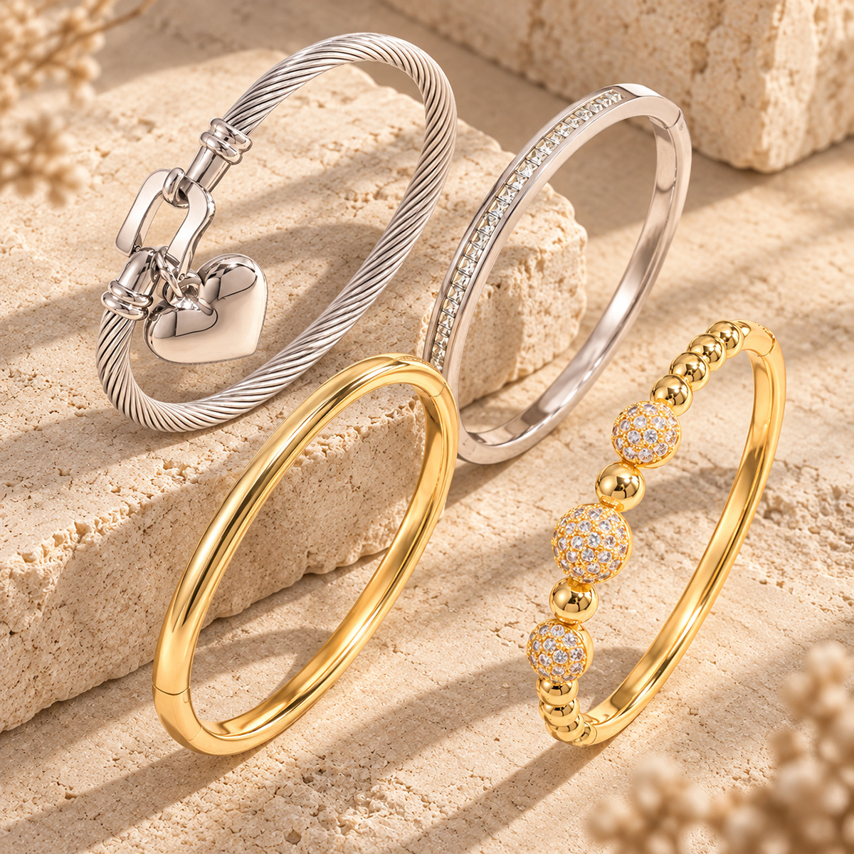 4pc Women's Bracelet Set with Copper and Stainless Steel